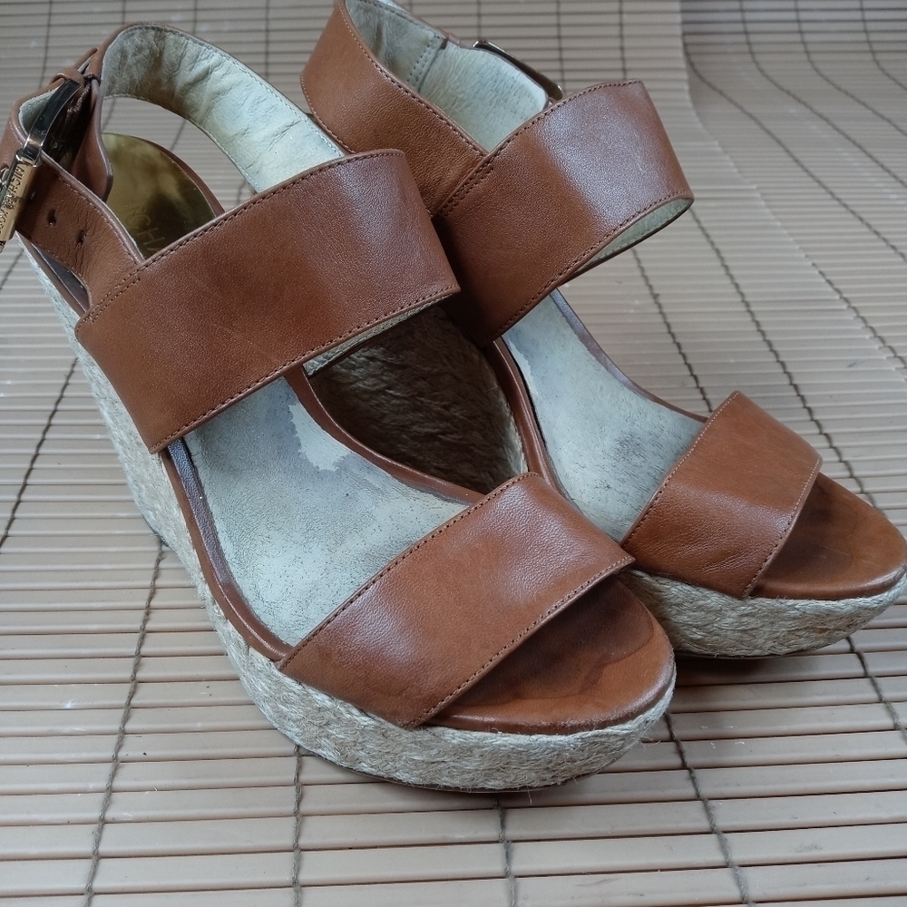 Michael Kors women's brown leather ankle strap wedge platform espadrille. 4" hee